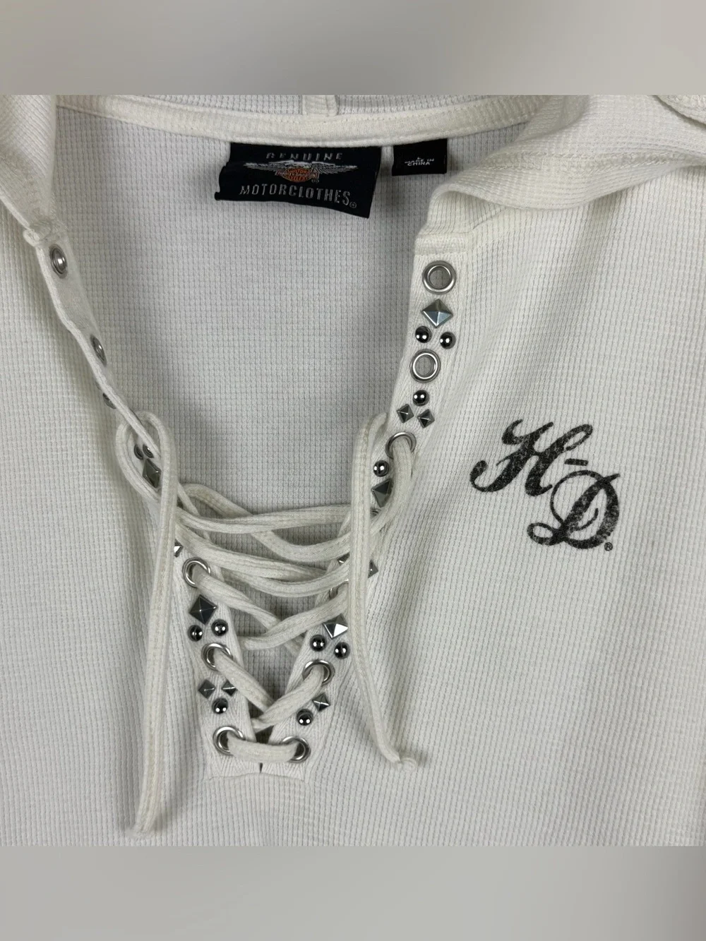 Harley Davidson White Cream Waffle Lace Up Skull Thermal Hoodie Women's Large - Picture 7 of 15